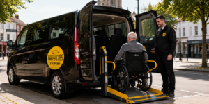 Wheelchair User Travelling Alone in Happy Cabs Stafford WAV Taxi with Yellow Ramp